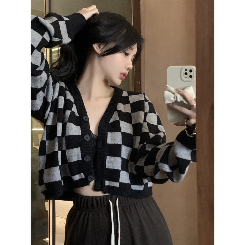 Áo Cardigan Dệt Kim Tay Dài Dáng Rộng Cổ Chữ V Phối Màu Tương Phản Thời Trang Mùa Thu