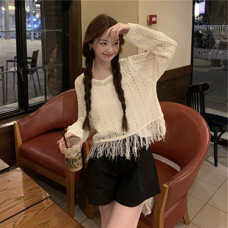 Áo Len Tay Dài Họa Tiết Kẻ Sọc Phối Tua Rua Thời Trang Mùa Thu Mới Cho Nữ