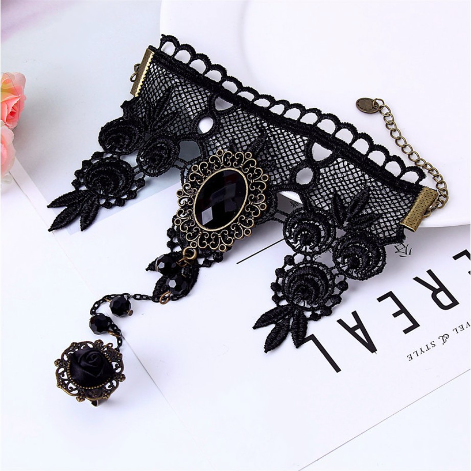 Vòng tay choker nữ ren đen đính nhẫn hoa hồng phong cách quý phái