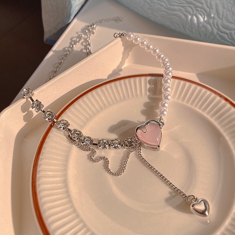 Vòng cổ Kim Loại Phối Tua Rua Hạt Ngọc Trai Hình Trái Tim Nhỏ Sang Trọng Ngọt Ngào Cho Nữ