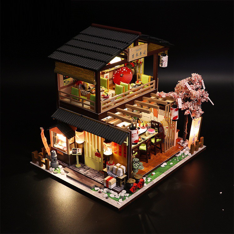 Mô hình nhà DIY Doll House Gibbon Sushi Kèm Mica Chống bụi, Bộ dụng cụ và Keo dán
