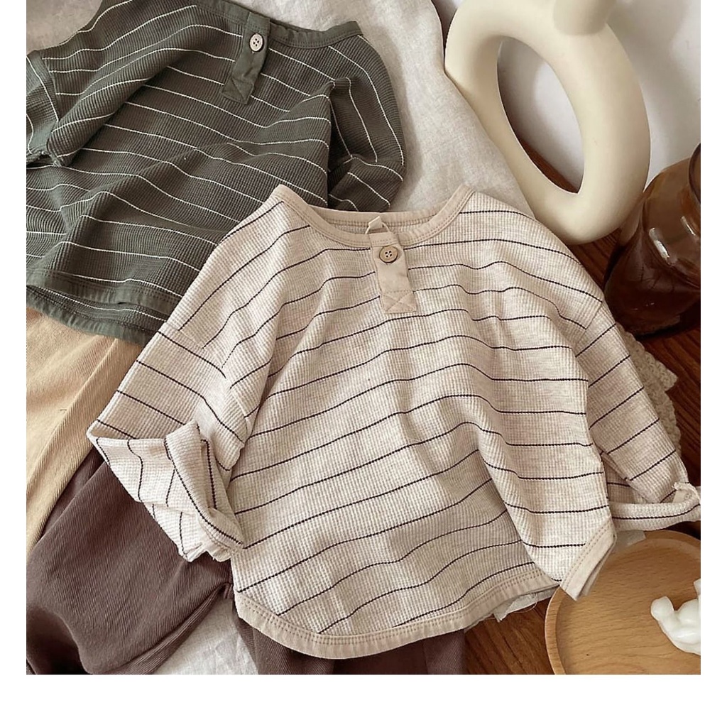 Áo Thun Trơn Tay Dài Cổ Tròn Cài Một Hàng Nút Họa Tiết Kẻ Sọc Thời Trang Mùa Xuân Cho Bé Trai Và Gái