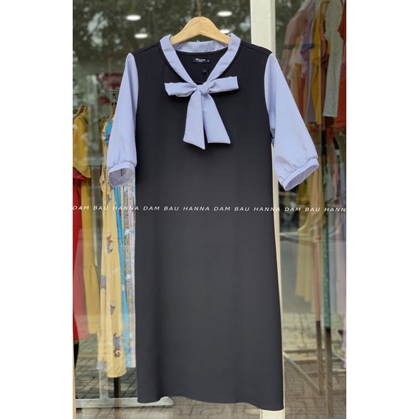 [HANNA] Đầm bầu công sở cao cấp đầm bầu xanh đen phối sọc có size 80kg dài qua gối vải cao cấp mềm mát không nhăn