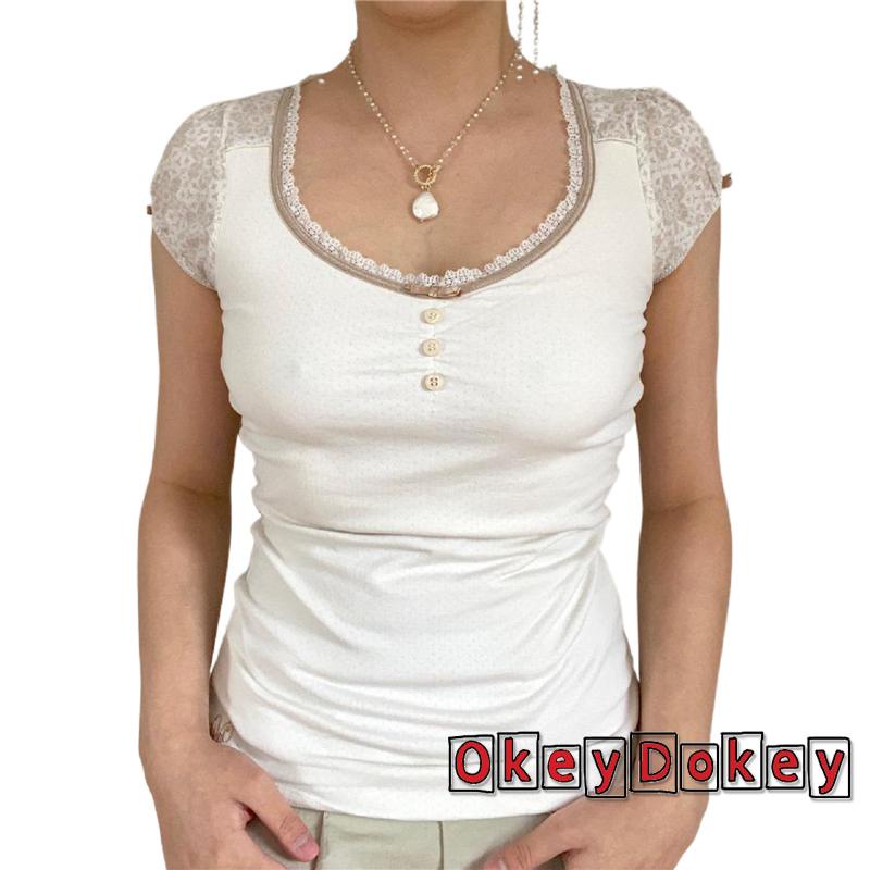 Áo thun tay ngắn phối ren hoa thời trang mùa hè cho nữ