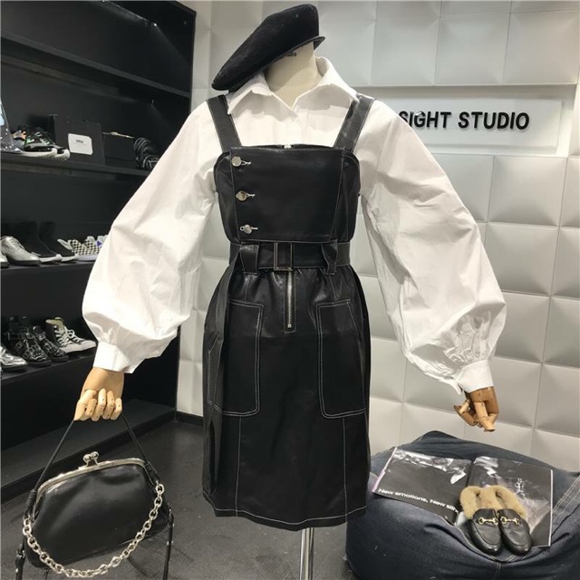 Set áo sơ mi tay bồng+yếm da