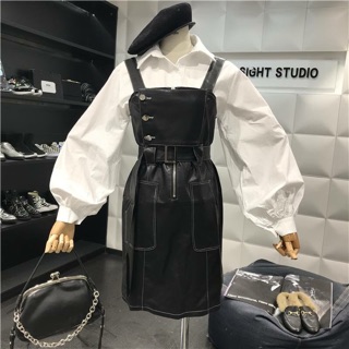 Set áo sơ mi tay bồng+yếm da