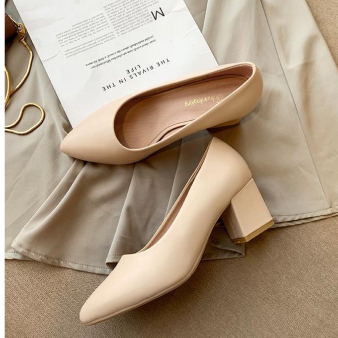 Giày cao gót nữ 5P mã BBC2 phong cách công sở trẻ trung mũi nhọn gót vuông có 2 màu đen và kem