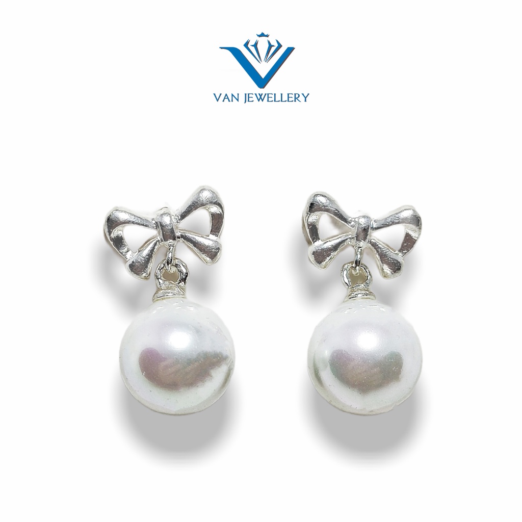 Bông tai bạc Bông Nơ treo Ngọc Trai nhân tạo Van Jewelry V10083 kiểu dáng Công Chúa xinh xắn