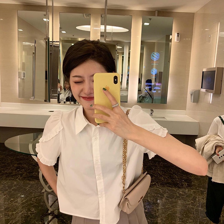 Áo Sơ Mi Tay Ngắn Phồng Màu Trắng Dễ Thương Thời Trang Mùa Hè Cho Nữ