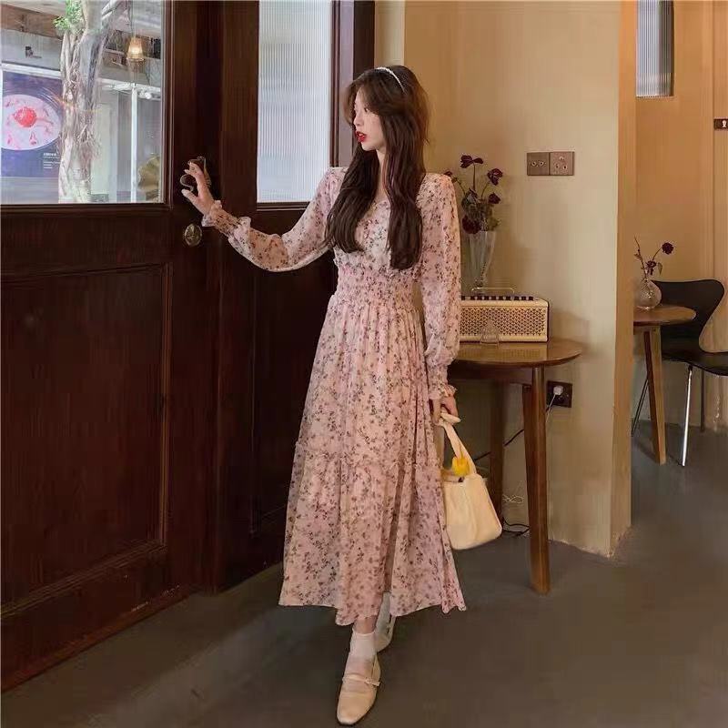 Đầm chiffon Dài Tay Eo Cao Cổ Chữ V Thời Trang Xuân Thu Phong Cách Hàn Quốc Mới