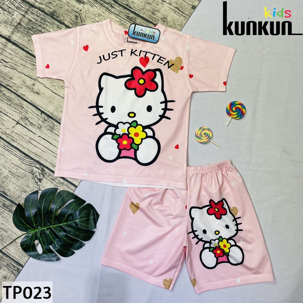 Đồ bộ trẻ em thun lạnh hình mèo kitty hồng cộc tay cho bé gái size từ 10-60kg KunKun TP023