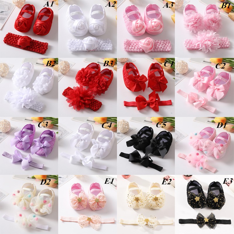 Giày công chúa đế mềm đính nơ và băng đô cho bé gái 0-18 tháng tuổi
