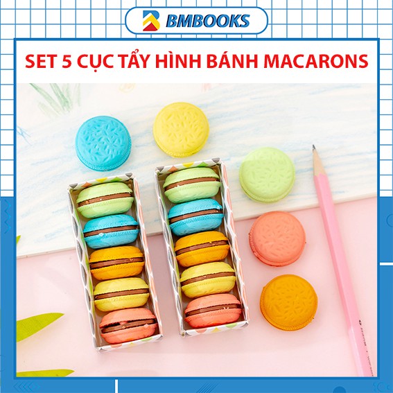 Gôm tẩy bút chì hình bánh macarons dễ thương hộp 5 gôm tẩy nhiều màu sắc