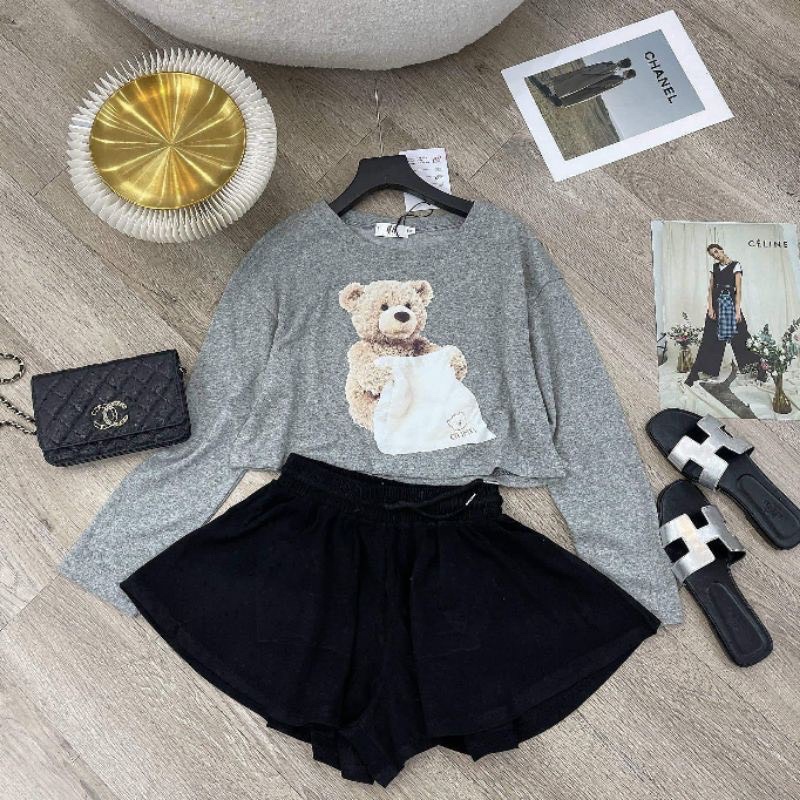 Set Bộ Áo Thun Gấu Croptop Dài Tay Quần Đùi Váy Màu Xám Áo Phông Giấy