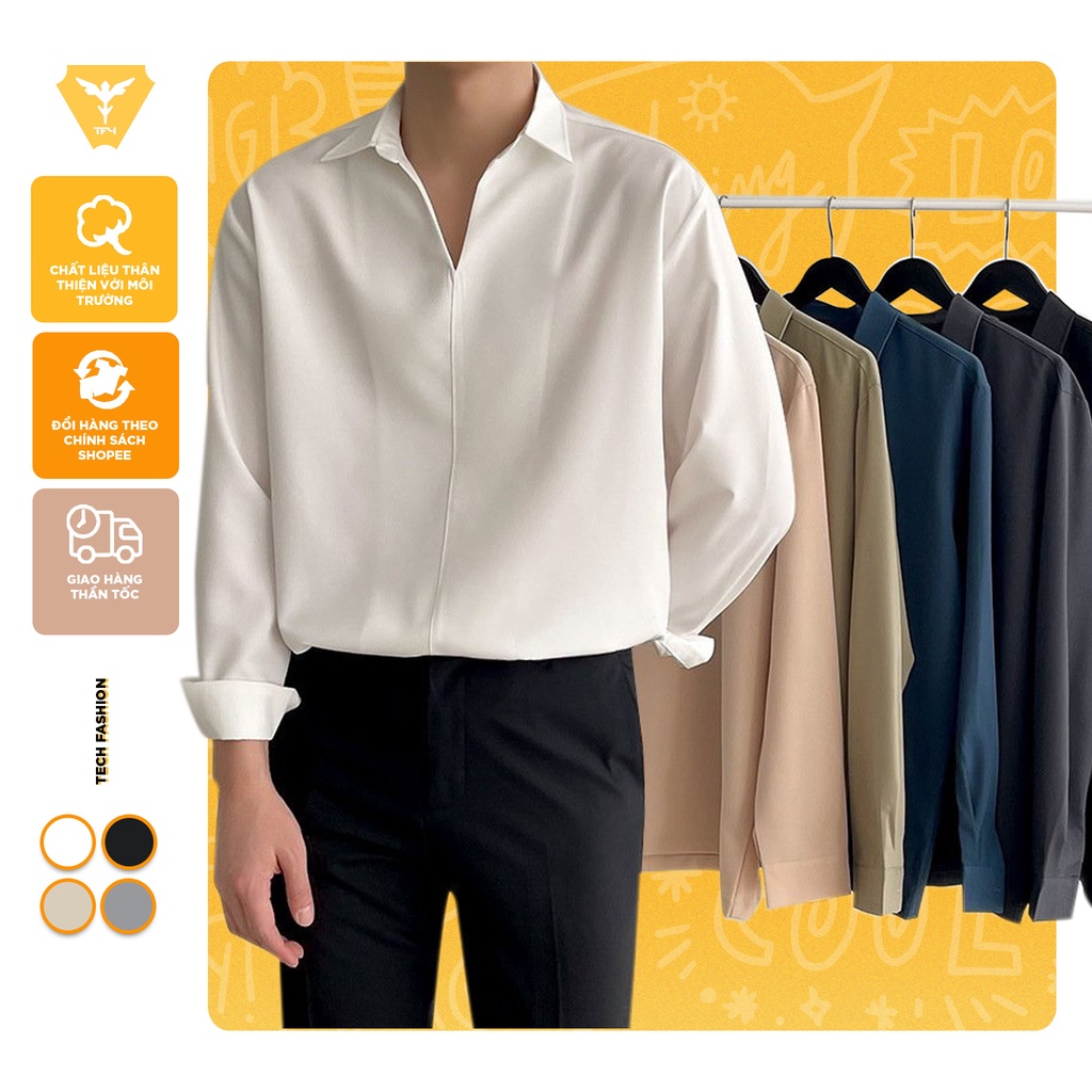 Áo sơ mi nam nữ cổ V vải lụa form rộng Unisex nam nữ tay dài Hàn Quốc TF4