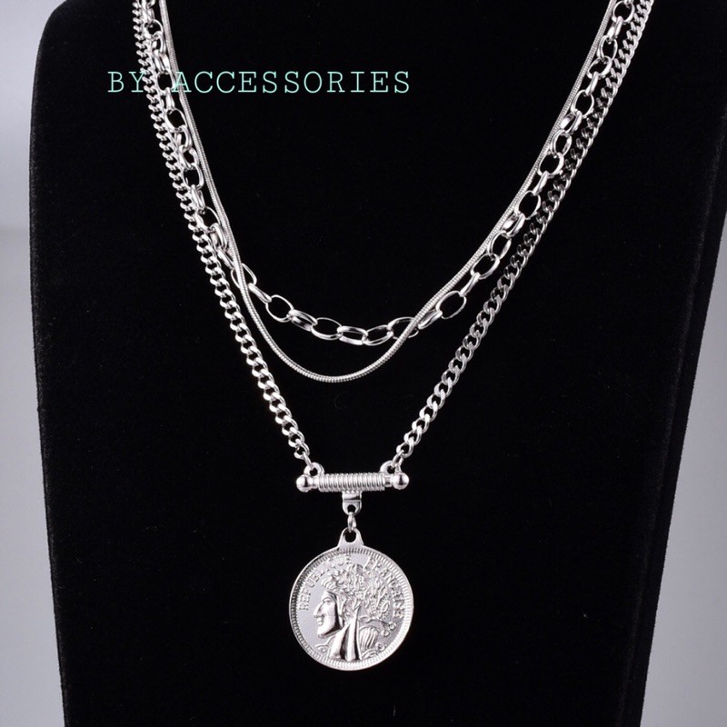 Set dây chuyền titan 3 tầng đồng xu vintage không gỉ