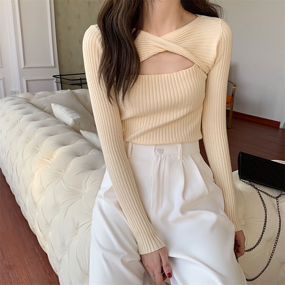 622223#Áo Dệt Kim Nữ Tay Dài Cổ Chữ V Khoét Sâu Gợi Cảm