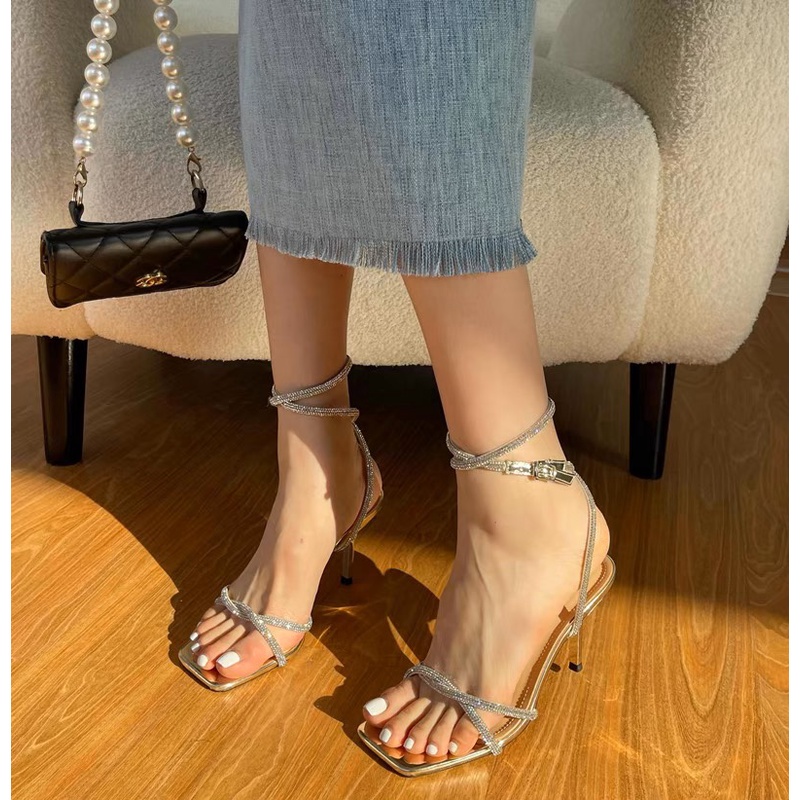Giày Sandal Dây Đính Xoàn Lấp Lánh Gót Nhọn 7 Phân