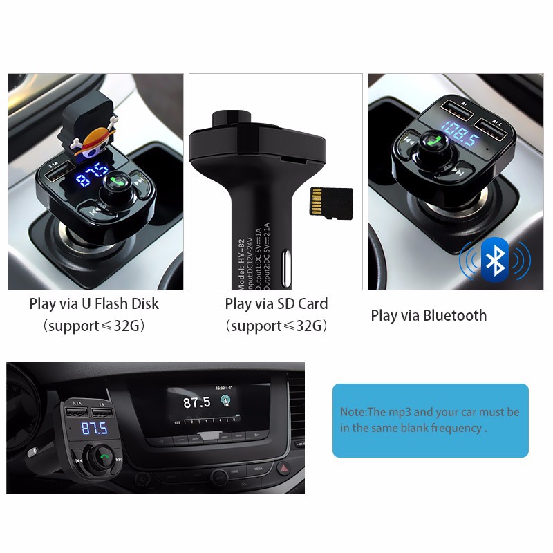 Tẩu sạc ô tô phát nhạc Hyundai HY-82 ⚡FREESHIP⚡ trên ô tô Bluetooth USB thẻ nhớ kiêm sạc điện thoại 2 cổng cao cấp