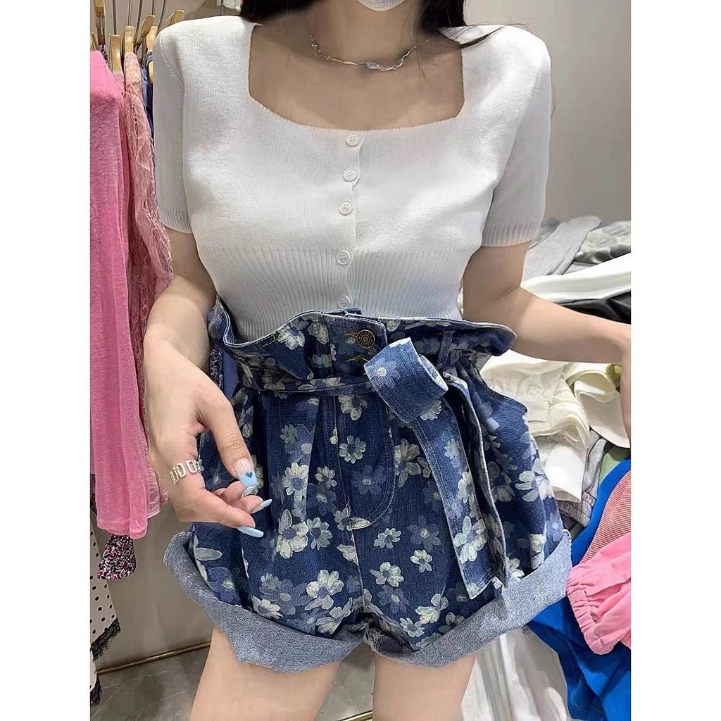 Quần short lưng cao ống rộng họa tiết hoa thanh lịch dễ thương cho nữ