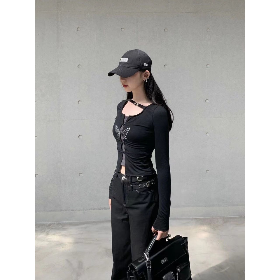 Áo Cardigan Cotton Tinh Khiết Dáng Ngắn Ôm Vừa Vặn In Họa Tiết Bướm Phong Cách Đường Phố Hàn Quốc Thời Trang Cho Nữ