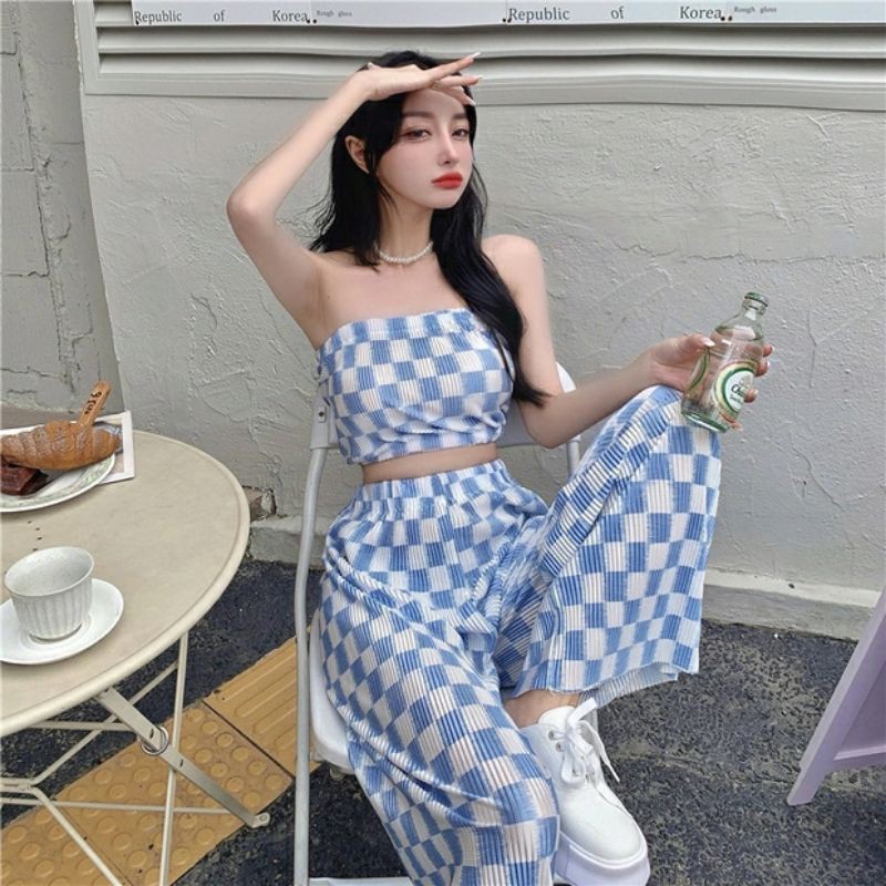 SET QUẦN ÁO NỮ CARO / ÁO CROPTOP ỐNG / QUẦN ỐNG RỘNG XUÔNG CẠP CHUN HỒNG XANH