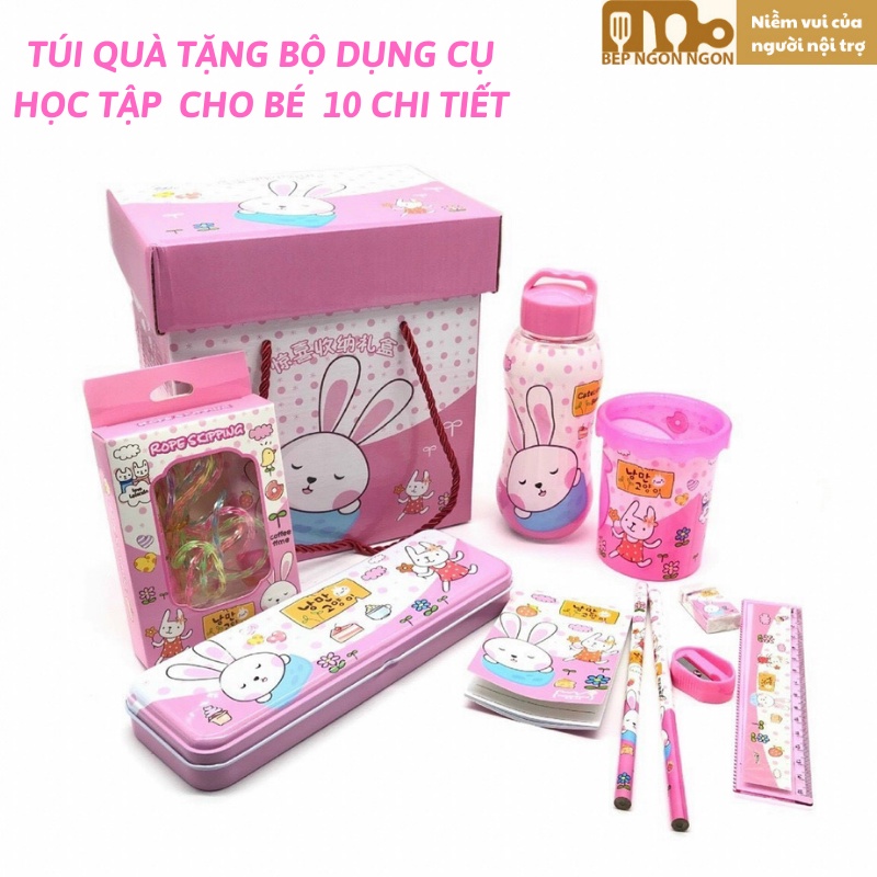 Túi quà tặng đựng dụng cụ học tập cho bé 10 chi tiết bao gồm bình nước và hộp bút