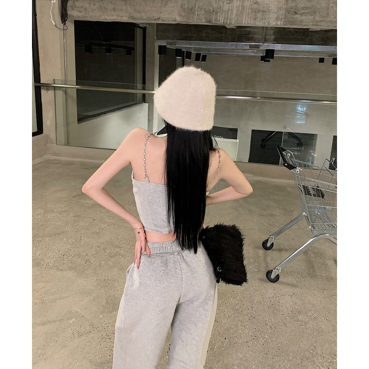 Set áo 2 dây xích croptop xám hở eo thon vai sexy thể thao+quần dài lưng thun chân ống rộng cột rút ulzzang
