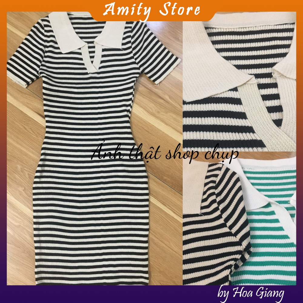 [Váy polo kẻ dệt kim] Đầm len dệt kim polo ôm body gợi cảm hàng quảng châu | BigBuy360 - bigbuy360.vn