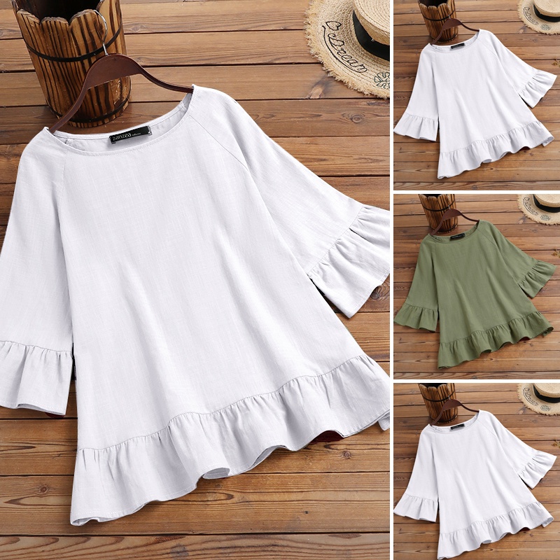 Áo Kiểu Cổ Tròn Tay 3/4 Nhún Bèo Màu Trơn Phong Cách Vintage ZANZEA Dành Cho Nữ