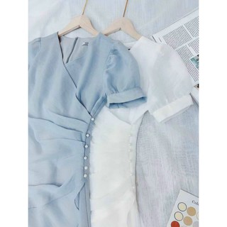 váy cổ chéo xếp ly đính ngọc