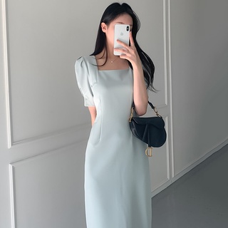 [ORDER] Đầm chic cổ vuông dáng ôm xẻ tà hai màu xanh trắng chụp ảnh prewedding hay lookbook thời trang Hàn Quốc