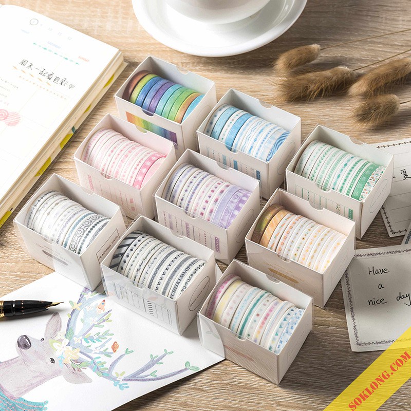 Bộ 10 cuộn washi tape trang trí dán bullet journal, set băng dính washi dễ thương WA06