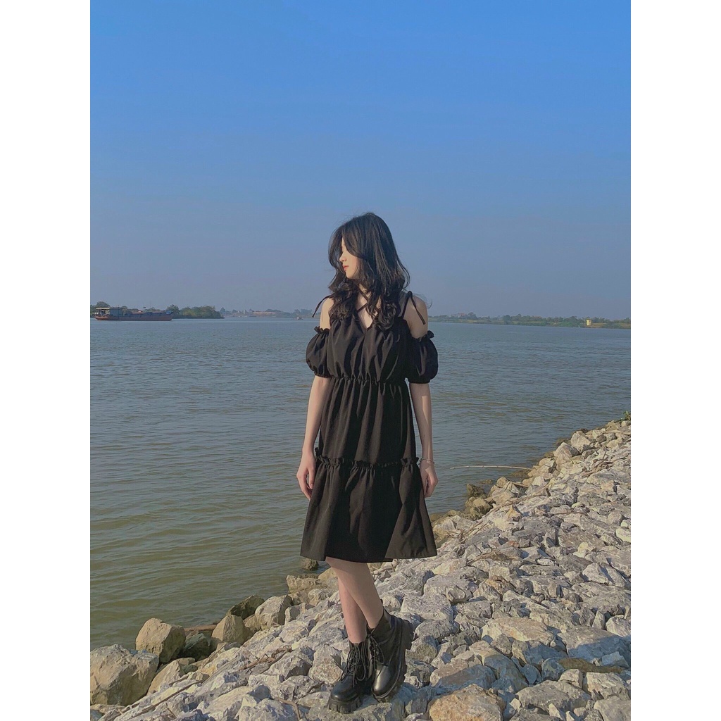 Đầm 2 dây, váy babydoll angel đen buộc nơ trễ vai Emmei v82 | BigBuy360 - bigbuy360.vn