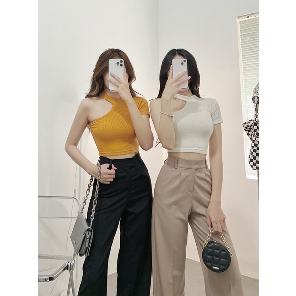 Áo Thun Gân Croptop Vintage Lệch Vai Xịn Xò [ ẢNH THẬT ] MÓM STORE
