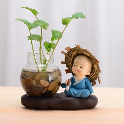 Bình thủy sinh kèm tượng 4 chú tiểu : đánh đàn đọc sách cầm bút cầm cờ dùng để trồng cây, để bàn trang trí- HO02