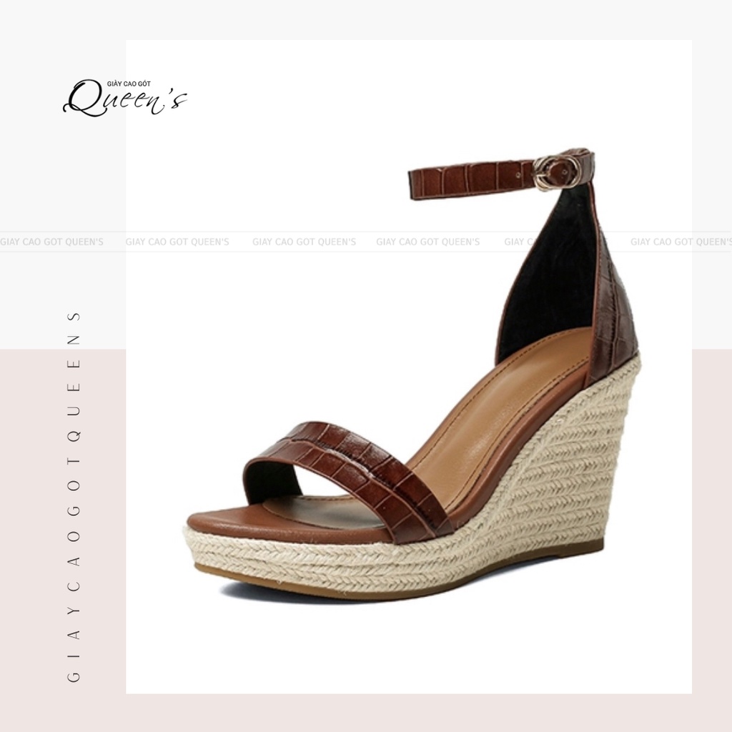 Giày Sandal Đế Cói Dạng Xuồng Cho Nữ Dao Phố Hẹn Hò Quai Ngang Màu Nâu Cao 10cm Tôn Dáng Dễ Mang Êm Ái Bảo Hành 1 Năm