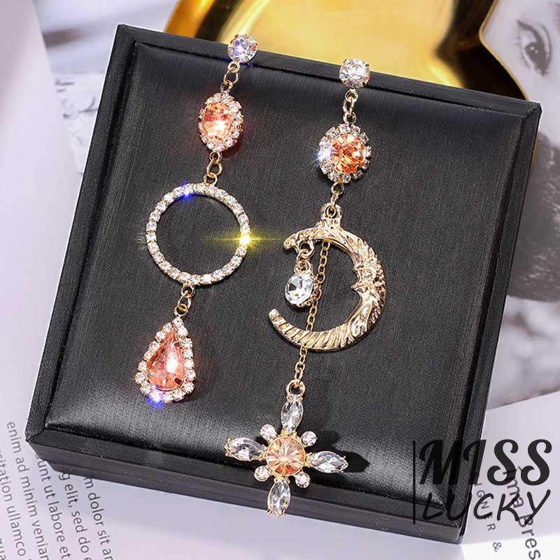 ❤HHN-VN  Asymmetric European and American-Style Fashion Moon Diamond Set Earrings Debutante Elegant