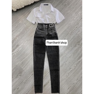 Set Áo sơmi phối Quần jeans dài ôm body khoen CD Siêu Cao