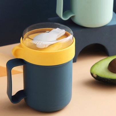 Cốc súp 500ML Hộp đựng bằng nhựa cách nhiệt ổn định có nắp và thìa dùng cho trường học văn phòng Boron069