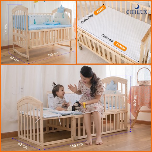 Giường cũi cao cấp trẻ em Chilux đa chức năng trọn bộ nệm xơ dừa và quây đệm cotton - Tặng kèm mùng và bàn thay tã