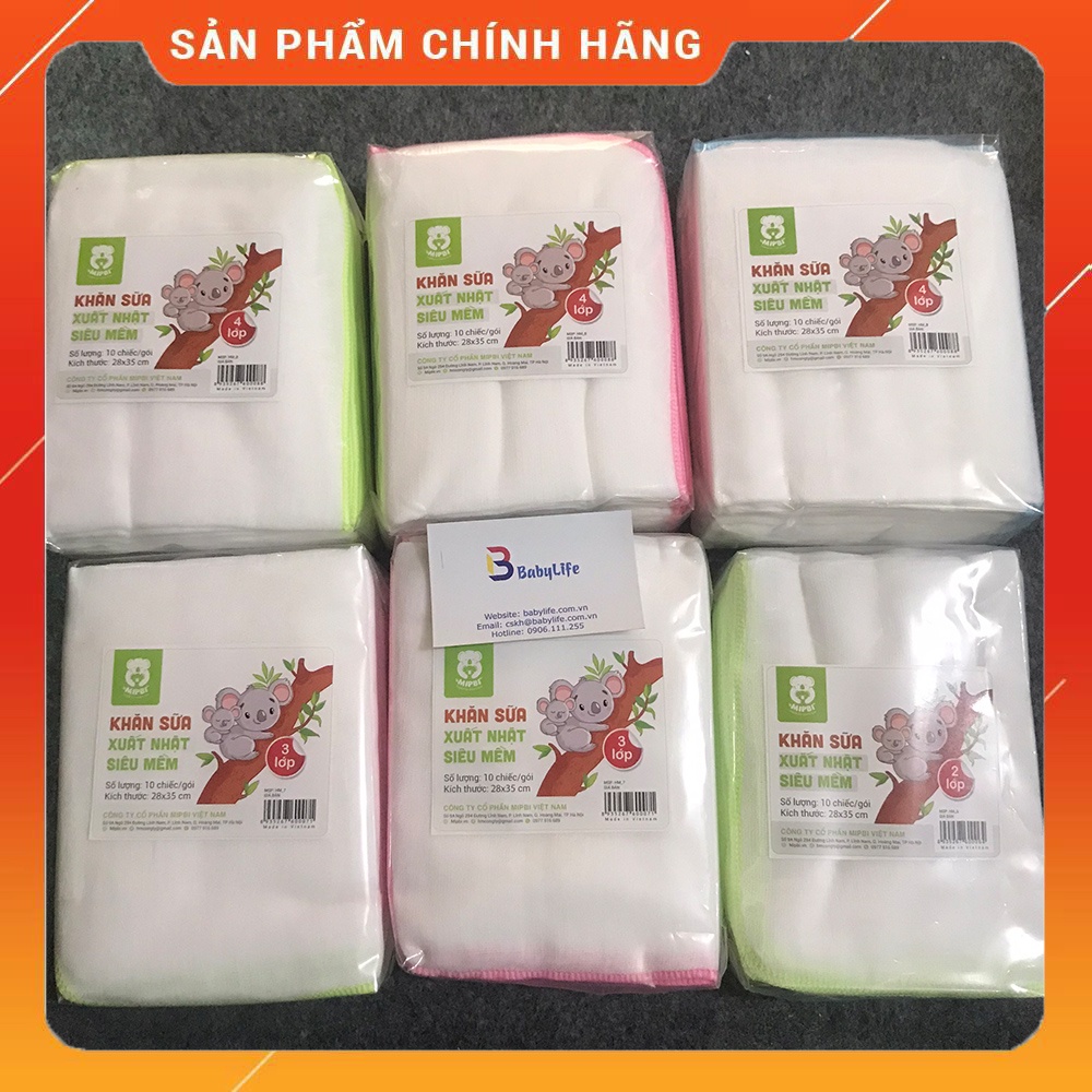 Khăn Sữa Xuất Nhật Mipbi (2-3-4 Lớp) 100% COTTON Mềm Mại (Set 10 Chiếc) - Kích Thước 28*35cm