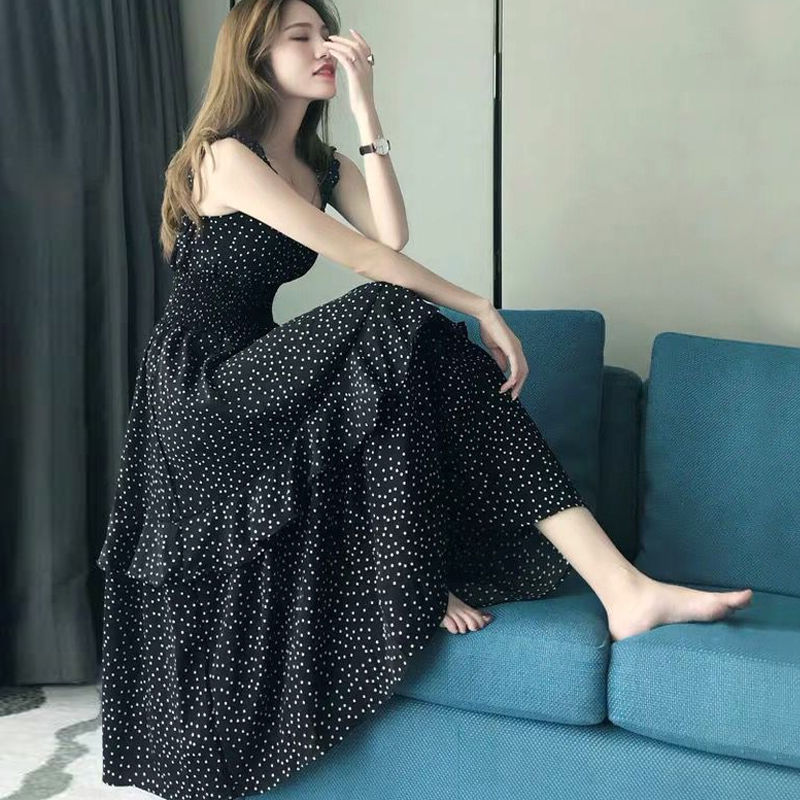 Women Strappy Polka Dots Cupcake Dress Chiffon Holiday Casual Beach Party Summer Long Mixi Dresses