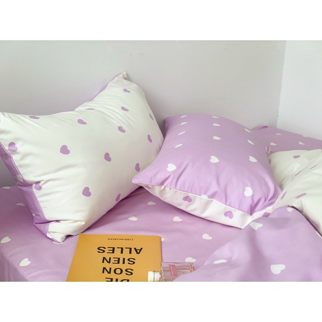 Bộ vỏ chăn ga gối cotton poly 2 mặt Lidaco decor phòng ngủ vintage - Tim tím trắng