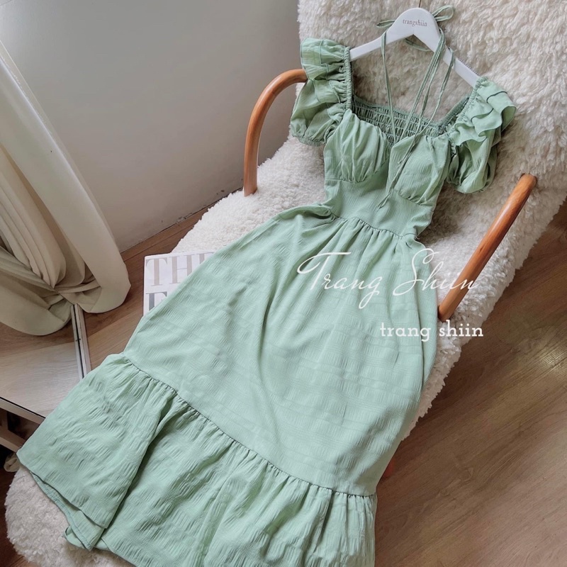 ĐẦM XANH MIDI DÂY CHÉO CỔ TAY BỒNG