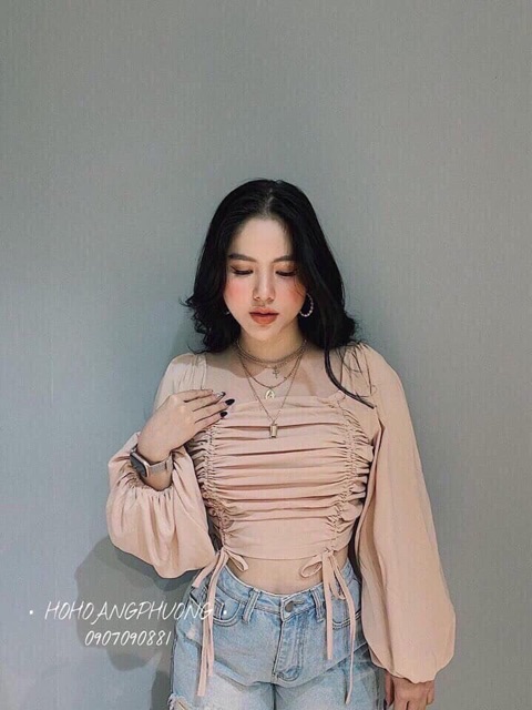 ÁO KIỂU CHẤT VOAN RÚT DÂY HAI BÊN TAY DÀI- CROPTOP