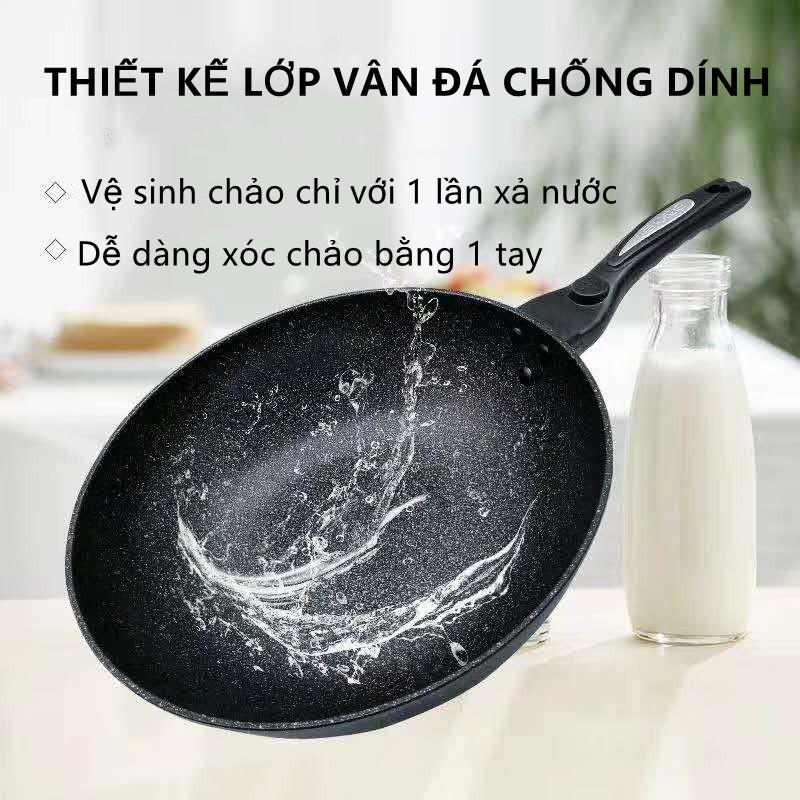 Chảo Chống Dính Siêu Bền Sâu Lòng Đá Coopia Hàn Quốc có nắp kính size 32cm (Tặng thìa gỗ + Khăn lau đa năng)