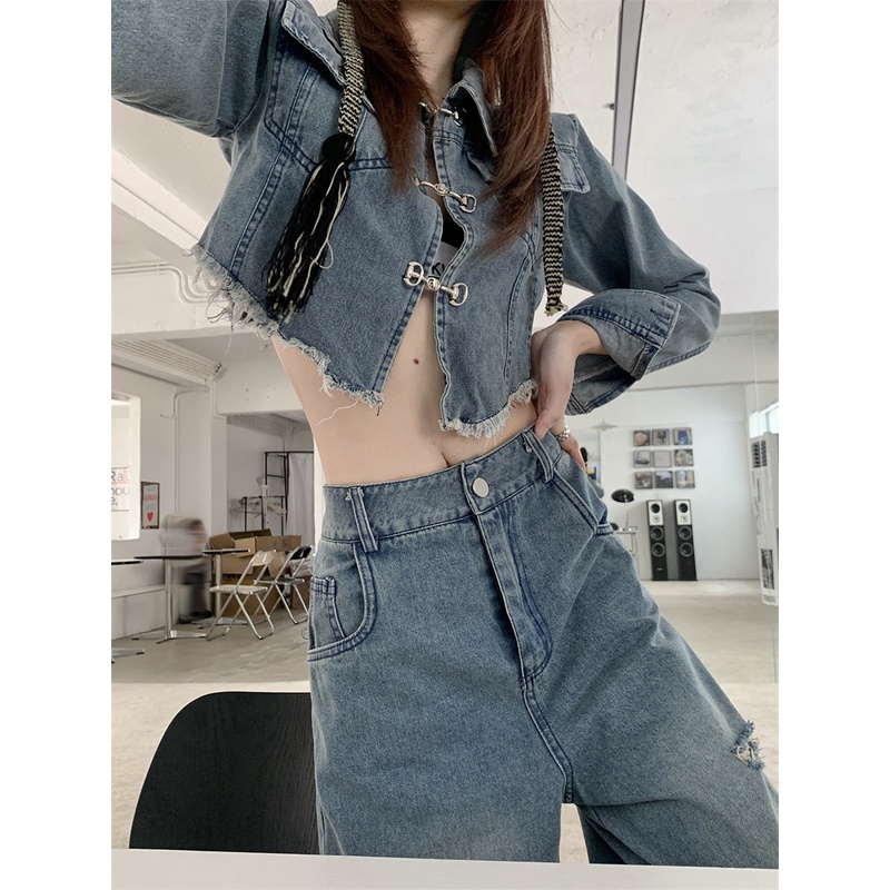 Set Áo Khoác Denim Tay Dài + Quần Jeans Rách Lưng Cao Ống Rộng Phong Cách Hong Kong