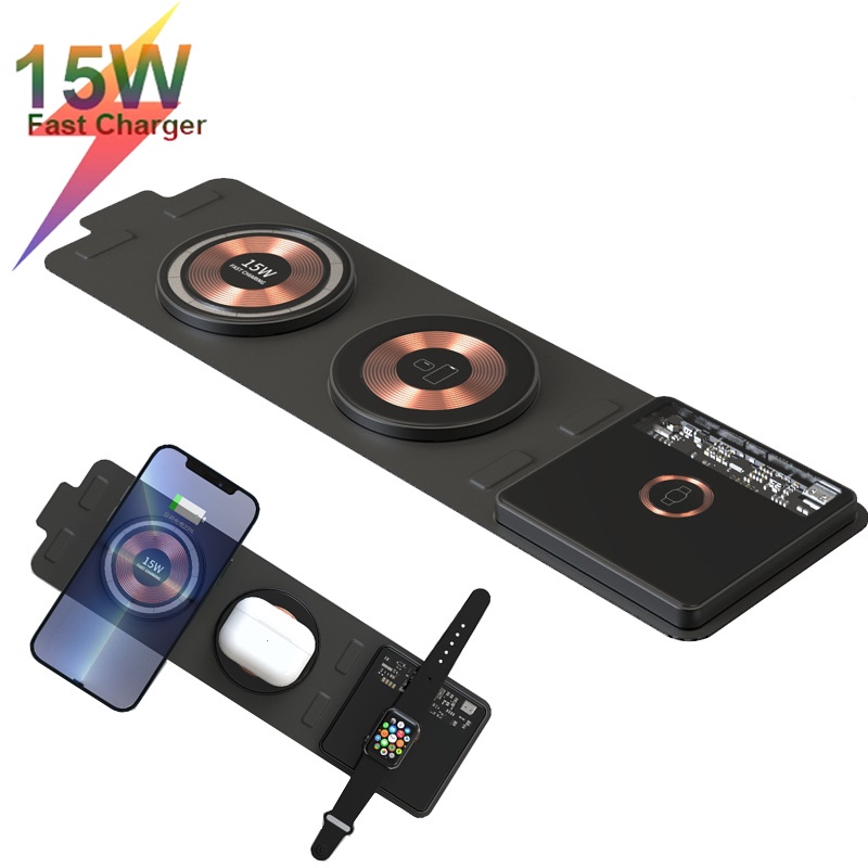 Đế Sạc Nhanh Không Dây 3 Trong 1 Hít Nam Châm Cho Apple Watch Airpods 15W Iphone 11 12 13 Pro Max