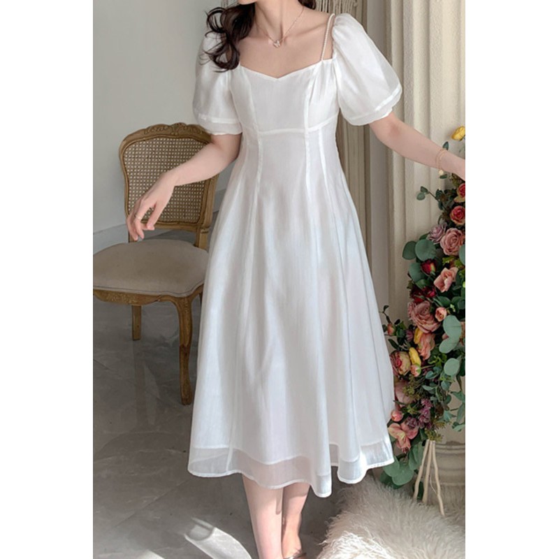 Váy đầm tiểu thư mầu trắng bánh bèo thiết kế 2 lớp voan cổ vuông retro vintage dáng xòe dài đủ size s m l